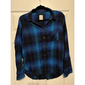 Women's American Eagle Blue Green Plaid Button Down Shirt Size L